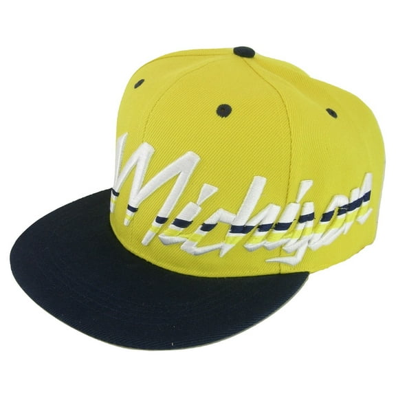 Michigan Offset Jagged Script Adult Size Adjustable Snapback Baseball Cap (Gold/Navy)