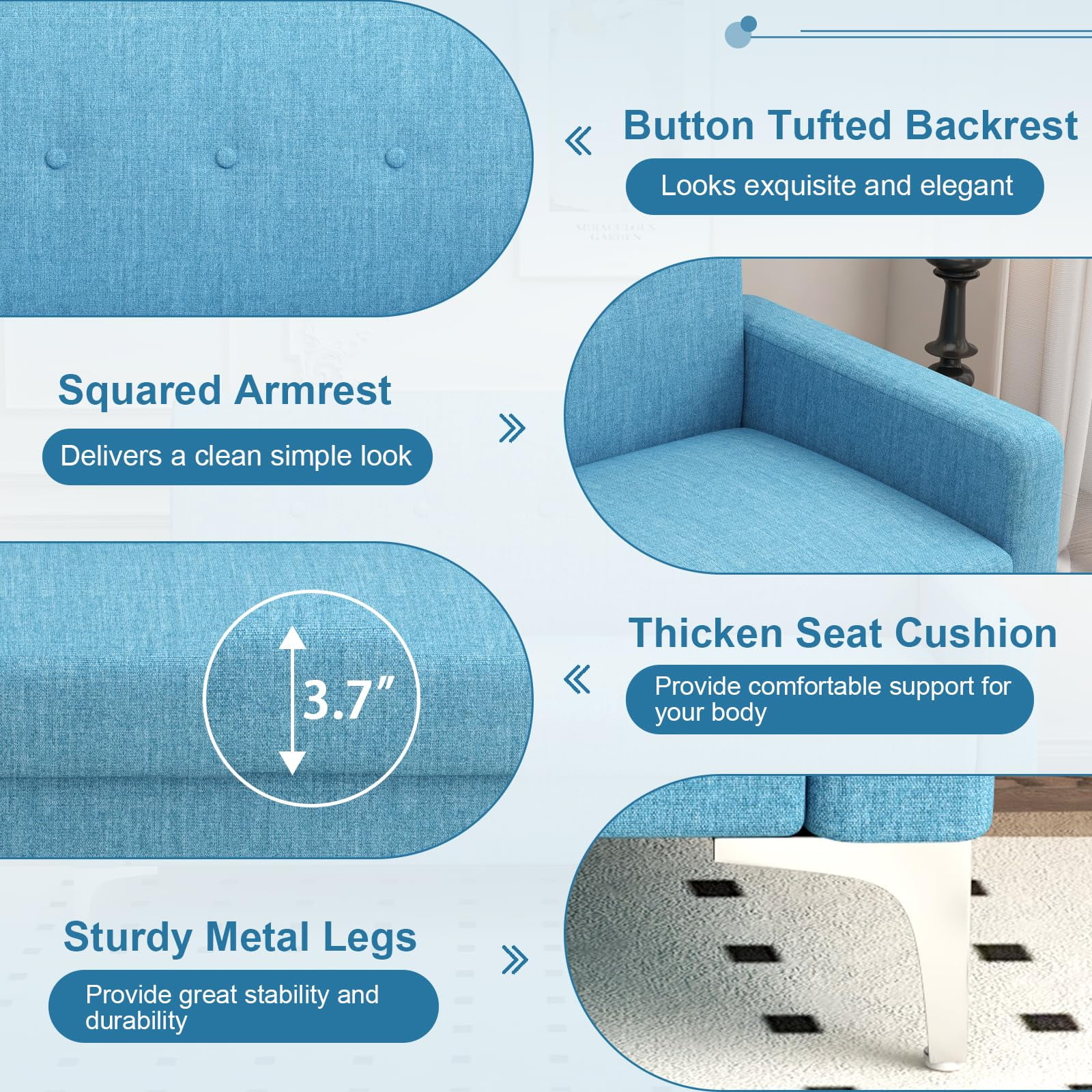 57" Multi-functional Storage Loveseat Sofa,Upholstered 2 Seat Sofa with Side Pockets for Living Room, Bedroom, Office, Small Space,Blue