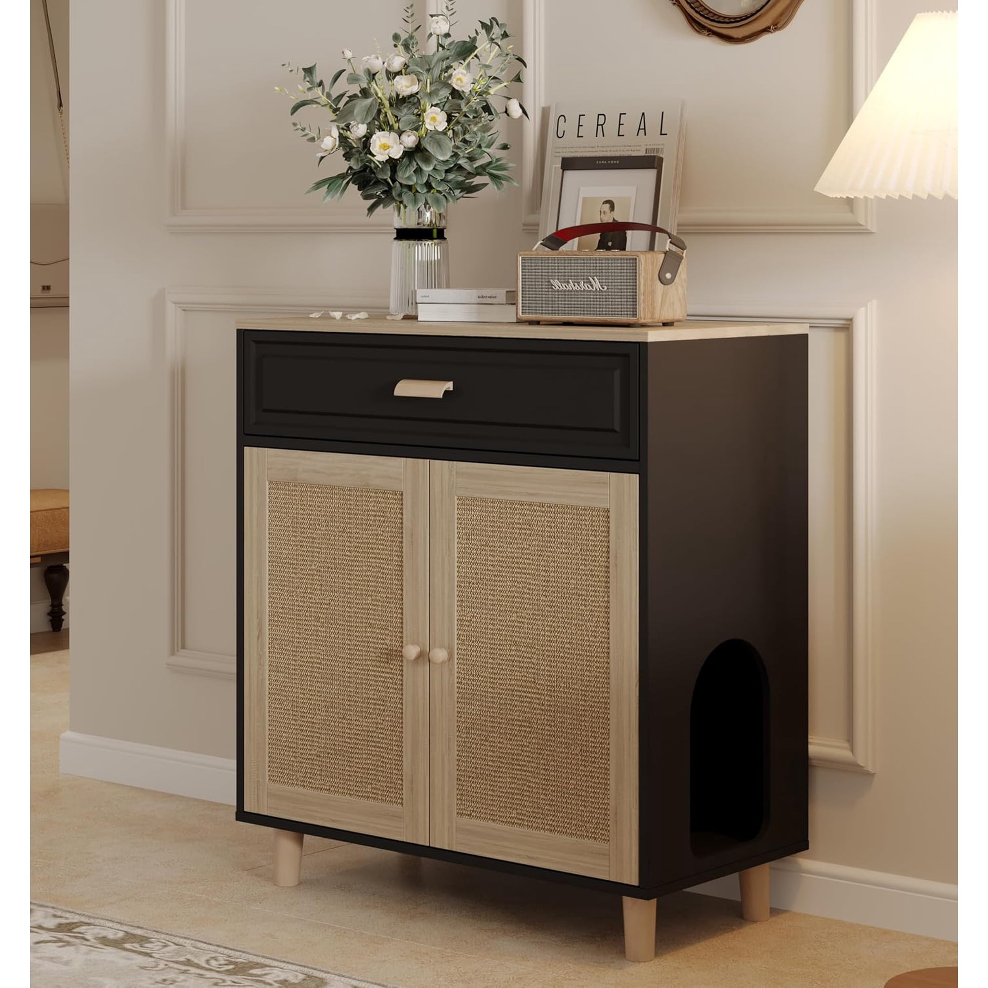 Cat Litter Box Enclosure Furniture Hidden Indoor 2-in-1 Wooden Cat House & Washroom Cabinet with Scratching Board Doors and Drawer 31.5 x15.7 x34.6 H - Black