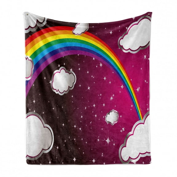 Cartoon Soft Flannel Fleece Throw Blanket, Rainbow Colored Image with Colors Star Like Details Nursery Themed Artwork, Cozy Plush for Indoor and Outdoor Use, 70" x 90", Maroon and White, by Ambesonne
