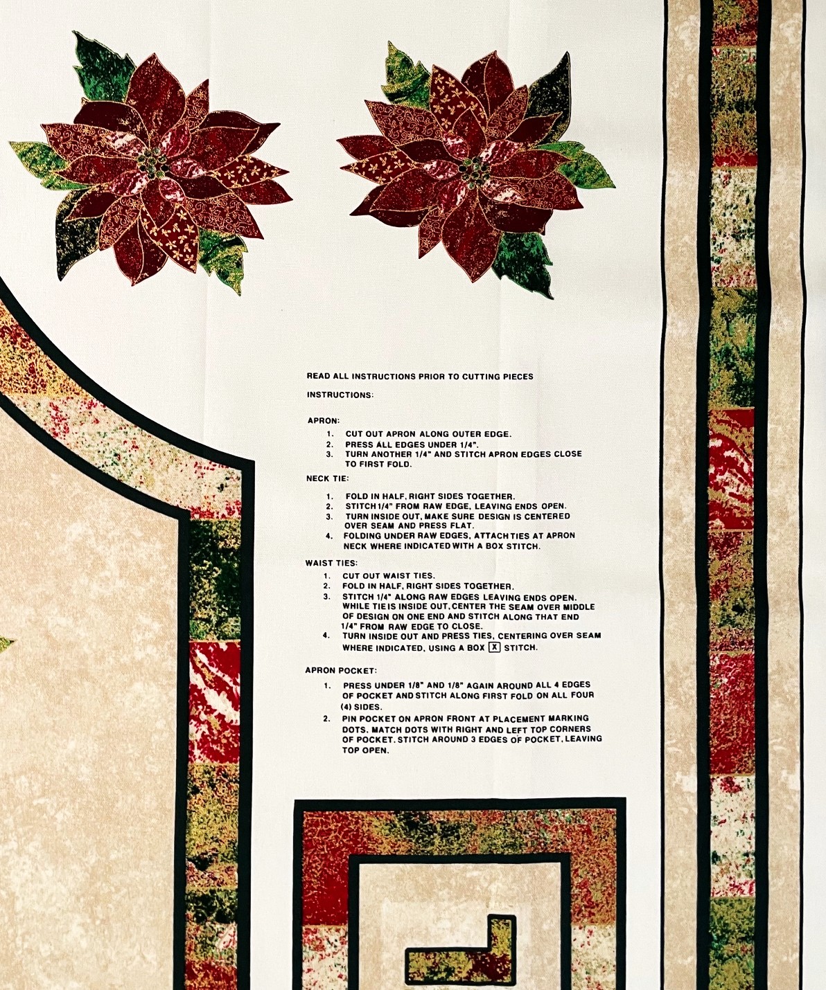DIY Easy Cut and Sew Christmas Noel Poinsettia Full Apron Cotton Fabric Panel 36" X 44"