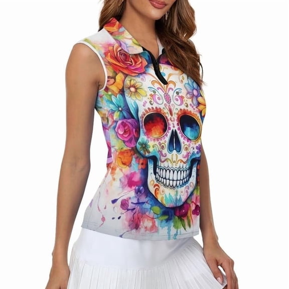 Lkhaha Women's Colorful Skull Print Sleeveless Polo Shirt V Neck Half Zip Golf Tennis Tank Top Multicolour L