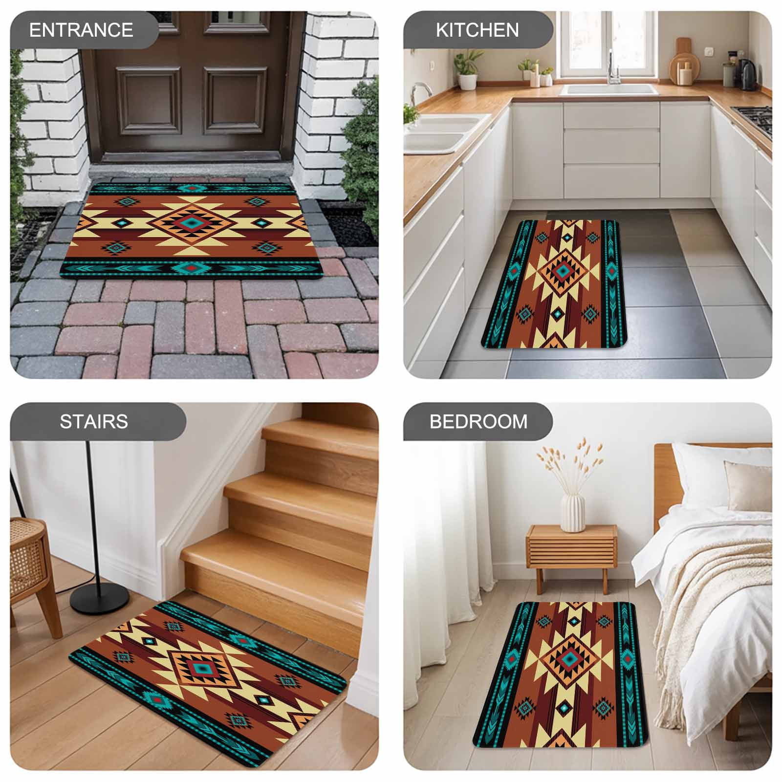 Turquoise Red Doormat Outdoor Entrance 16"x24", Southwest American Native Abstract Pattern Absorb Moisture Dirt Door Mats, Non-Slip Rubber Backing Floor Mats Indoor, Low-Profile Front Door Rugs