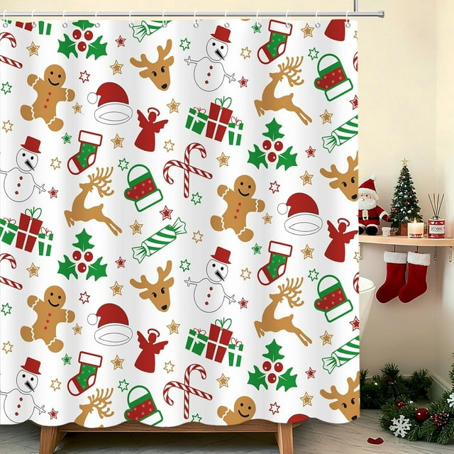 Cortina de ducha de Navidad para baño, diseño de pan de jengibre, hombre, estrellas, renos, muñeco de nieve, decoración de baño, lavable, duradera, tela de poliéster