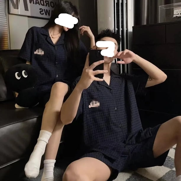 Ropa de dormir de estilo coreano para parejas, cárdigan abierto con cuello para hombre, pantalones cortos de manga corta, conjunto a cuadros, ropa informal para el hogar para mujer
