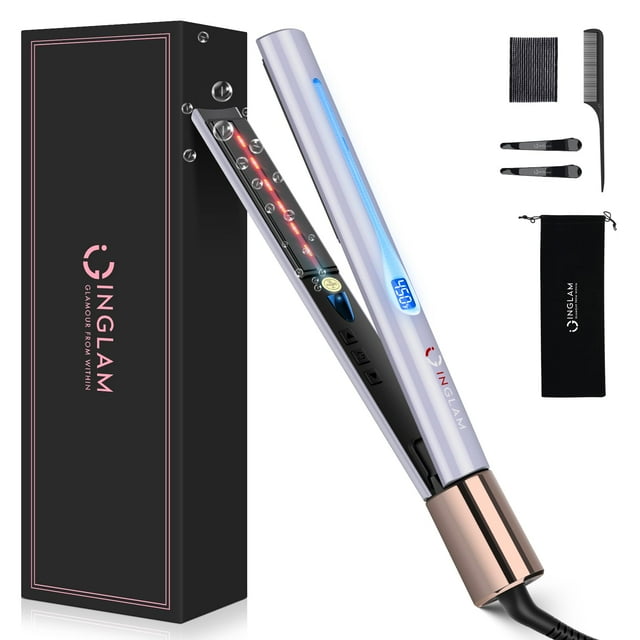 IG INGLAM Fer Plat en Titane pour Lisser les Cheveux, Fer à Friser 1 Pouces, Fer à Lisser à Ions Négatifs Infrarouges 11 Réglages de Température 250°F à 450°F, Double Tension Brillante pour Cheveux 110-240V, Cadeau, Or Rose