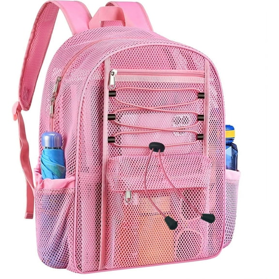TYMZDYN Heavy Duty Mesh Backpack, See Through College Mesh Backpack, Semi-transparent Mesh Bookbag with Bungee and Comfort Padded Straps for Commuting, Swimming, Beach, Outdoor Sports (Pink)