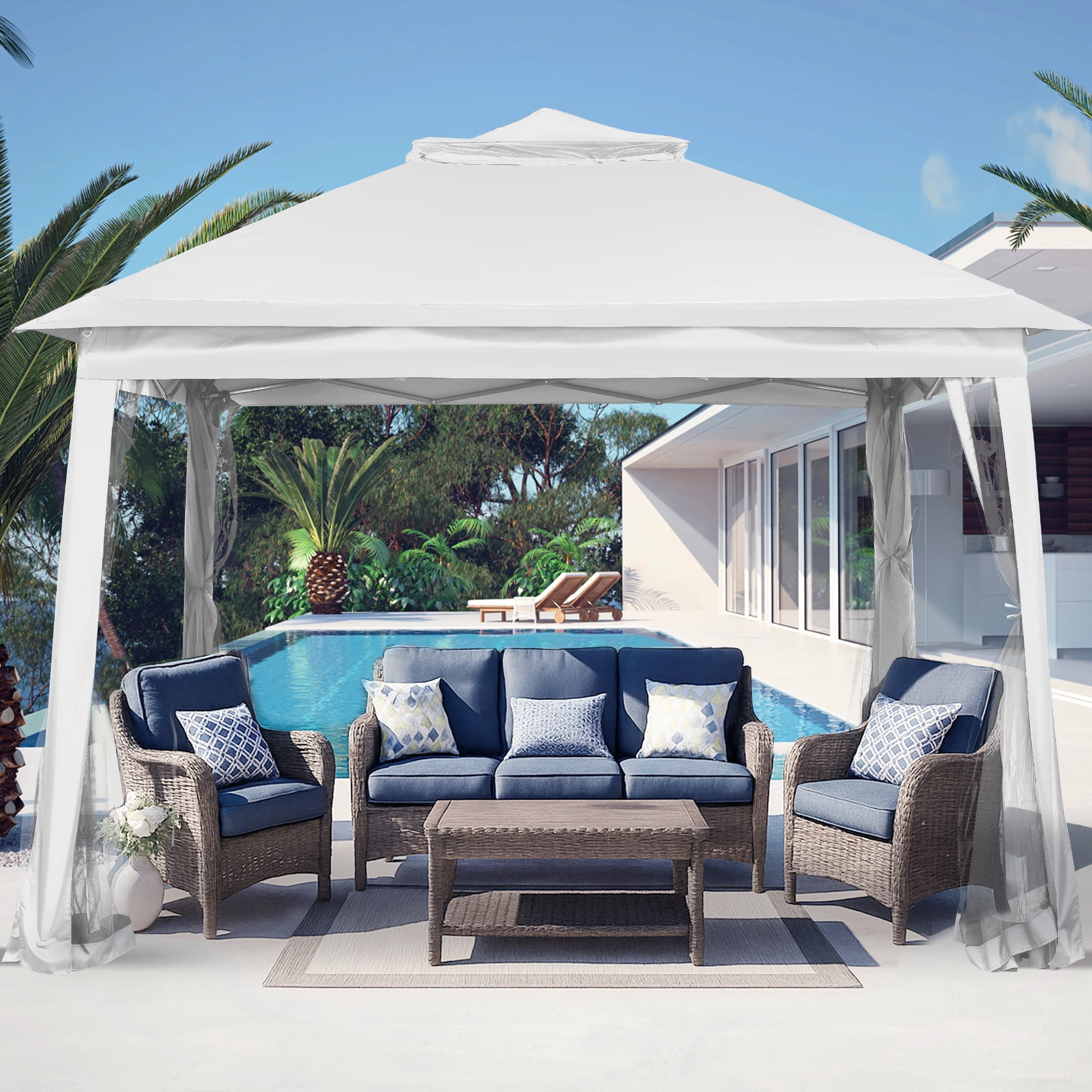 Ainfox 11x11 ft Outdoor Patio Pop Up Canopy Gazebo with Heavy Duty Frame, Mosquito Netting & UV Protection,White