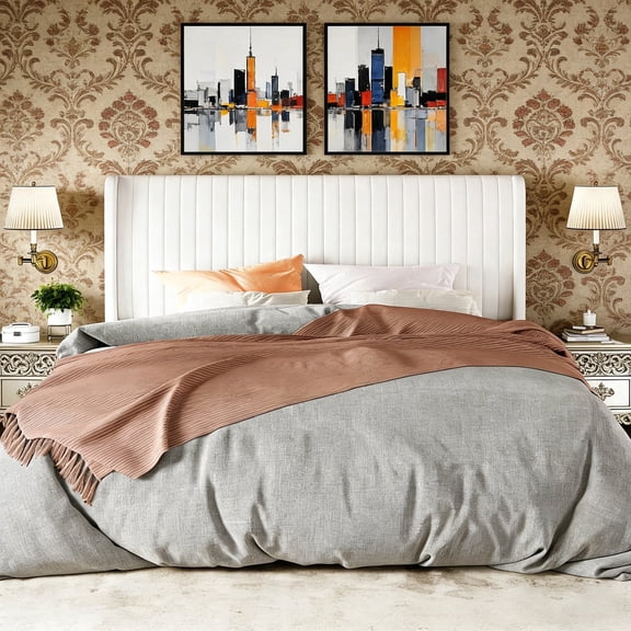 Velvet Queen Bed Frame/Vertical Channel Tufted Wingback Headboard/Upholstered Platform Bed/No Box Spring Needed/Strong Wooden Slats/Easy Assembly/White