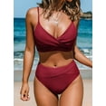thumbnail image 3 of Cupshe Women's Bikini Sets Two Piece Swimsuit High Waisted V Neck Twist Front Adjustable Spaghetti Straps Bathing Suit, Size XS-XL, 3 of 6
