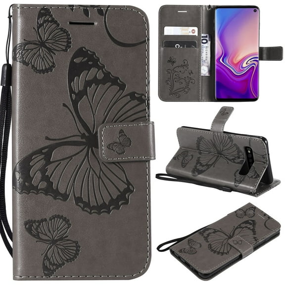 S10 Case, Samsung Galaxy S10 Case - Allytech Premium Wallet PU Leather with Fashion Embossed Floral Butterfly Magnetic Clasp Card Holders Flip Cover with Hand Strap, Gray