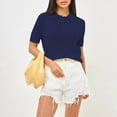 thumbnail image 4 of Women Hollow Knitted -Shirt Casual Short Sleeve Loose Lapel Solid Color Top Blue L, 4 of 7