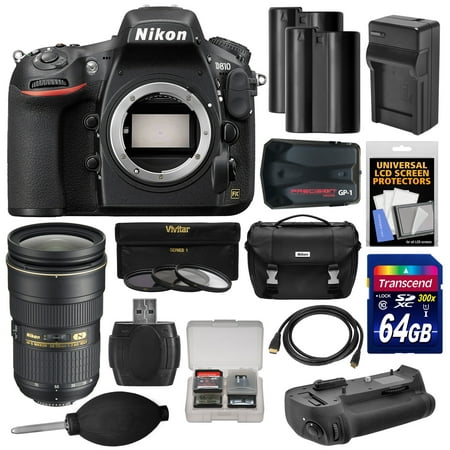 Nikon D810 Digital SLR Camera Body with 24-70mm f/2.8G Lens + 64GB Card + 2 Batteries/Charger + Case + GPS + Grip +