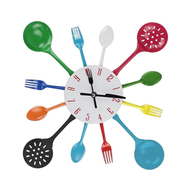 Injueey Cubiertos Cocina Hierro Reloj de pared 3D Cuchara extraíble Relojes Utensilios de cocina Adorno colgante Cuarzo Sala de estar Hotel Decoración del hogar Vistoso