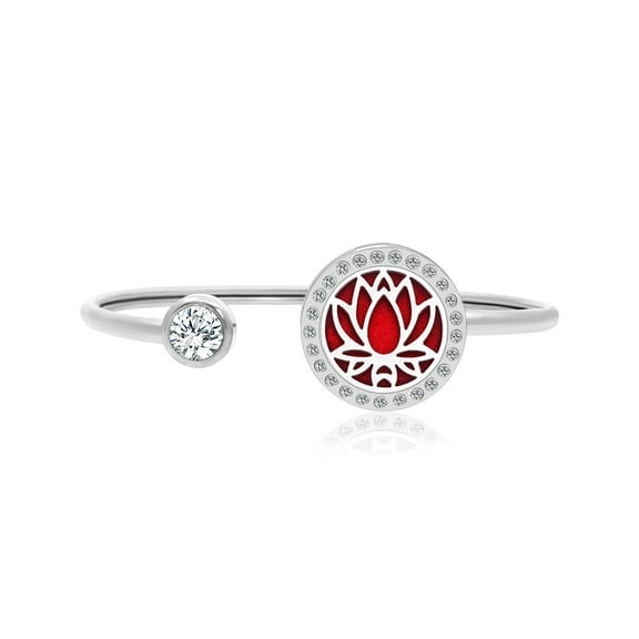 Anavia Silver Lotus Rhinestone Aromatherapy Jewelry Stainless Steel Essential Oil Cuff Bangle Bracelet with Gift Box