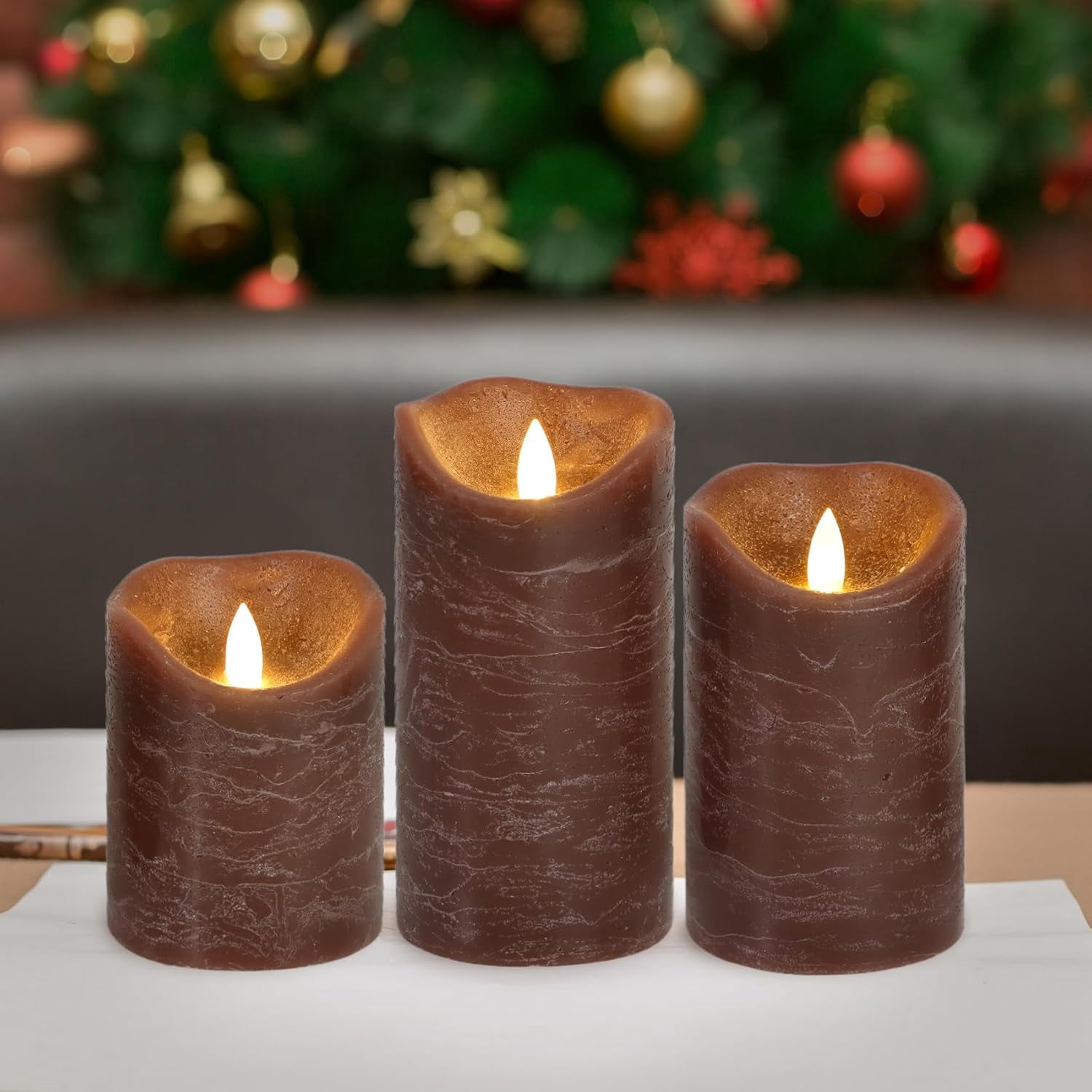 Brown Flameless Candles with Remote, Real Wax Battery Operated LED Candles, Flickering Flameless Pillar Candles for Wedding, Festival, Set of 3