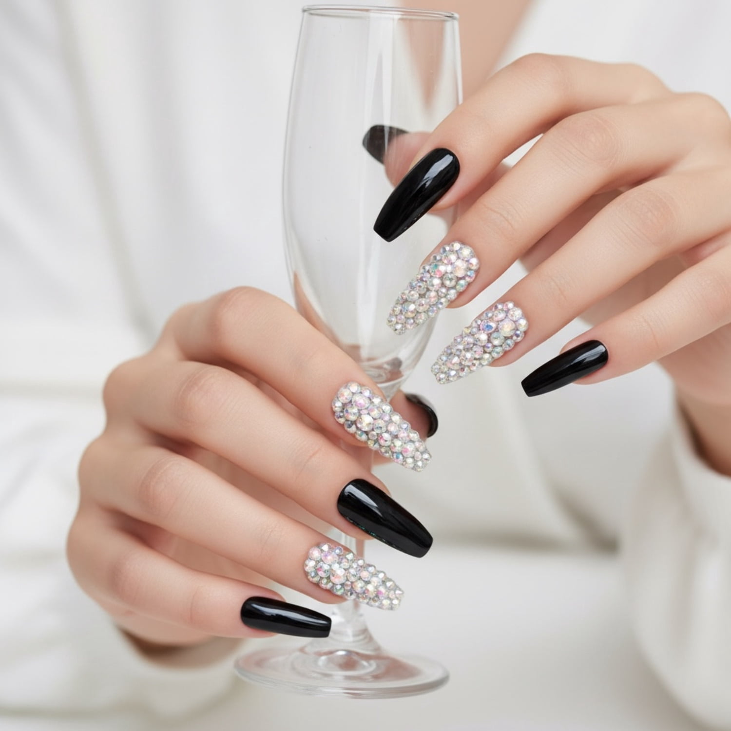 Black 3D Crystal Press On Nails, Extra Long Ballerina Rhinestones Fake Nails Set, Sparkle Night