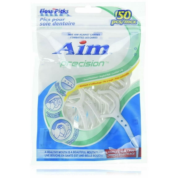 Aim Precision Floss Picks with Fluoridex Thread 50 ct Comfort Grip Angled Pick