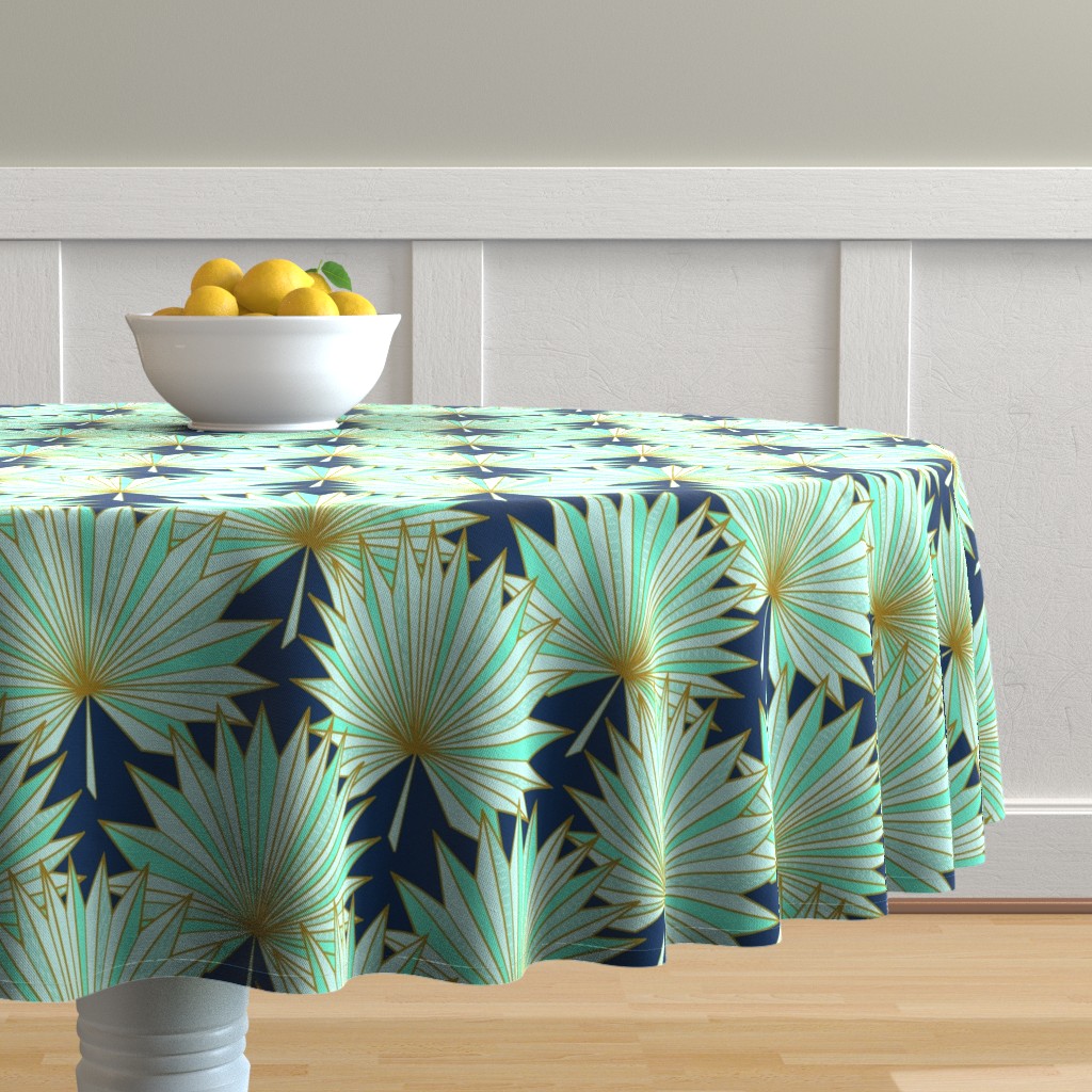 Round Tablecloth Art Deco Palm Navy And Mint Tropical Geometric Cotton
