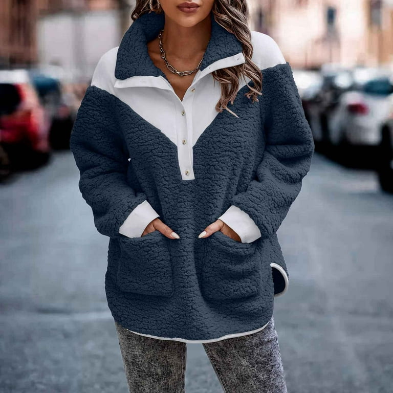 Fleece Tops for Women UK Sherpa Fleece Half Button Sweatshirt