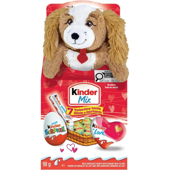 KINDER MIX Assortiment de Saint-Valentin avec jouet en peluche et 7 autres friandises au chocolat KINDER Saint-Valentin, 98 g