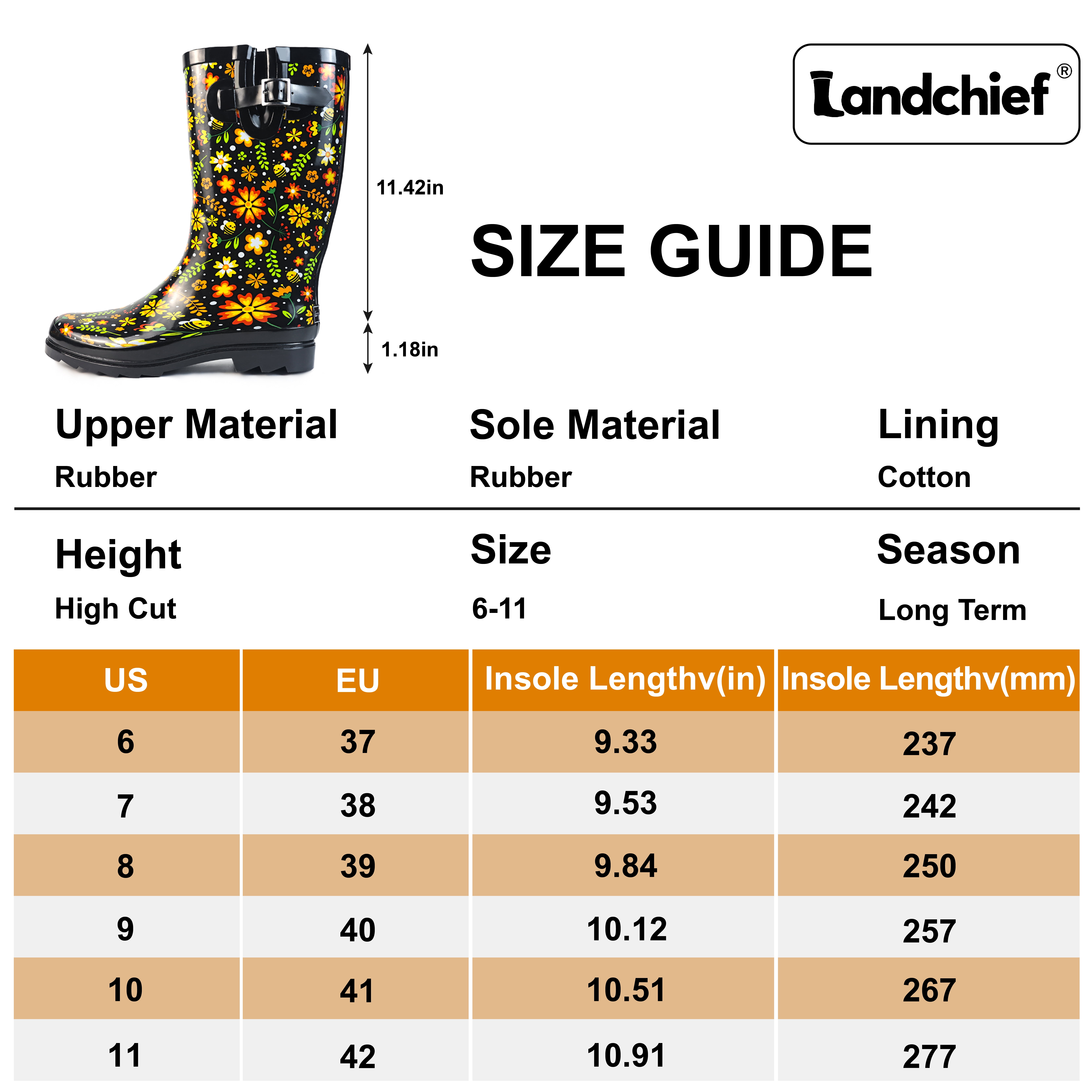 Landchief Women's Tall Waterproof Rubber Rain Boots for Garden, Size 11,Black Floral