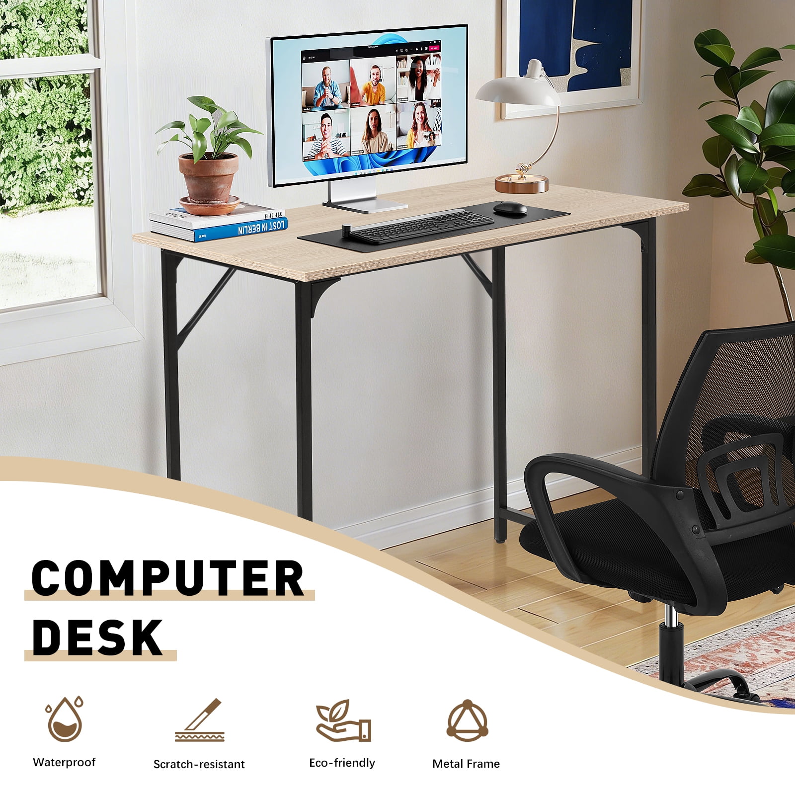 Dkelincs 32 inch Computer Desk and Chair Set Home Office Modern Wood Study Desk & Mesh Ergonomic Height Adjustable Office Chair for Small Spaces, Nature & Black