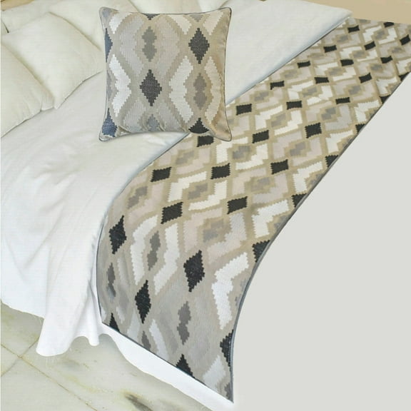 The HomeCentric King / Queen / Twin Beige Decorative Bed Runner King 90"x18" Bed Runner WITH Two Pillow Cover, Embroidery,Aztec Bed Scarf on Linen fabric - Thread Tale