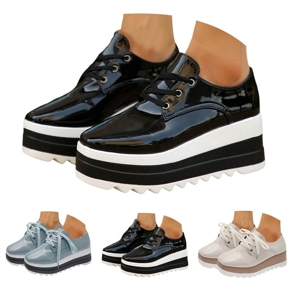 Women's Patent Leather Platform Oxford Dressy Shoes Lace Up Non Slip Wedge Walking Shoes Lightweight Dress Oxfords Black Size 6