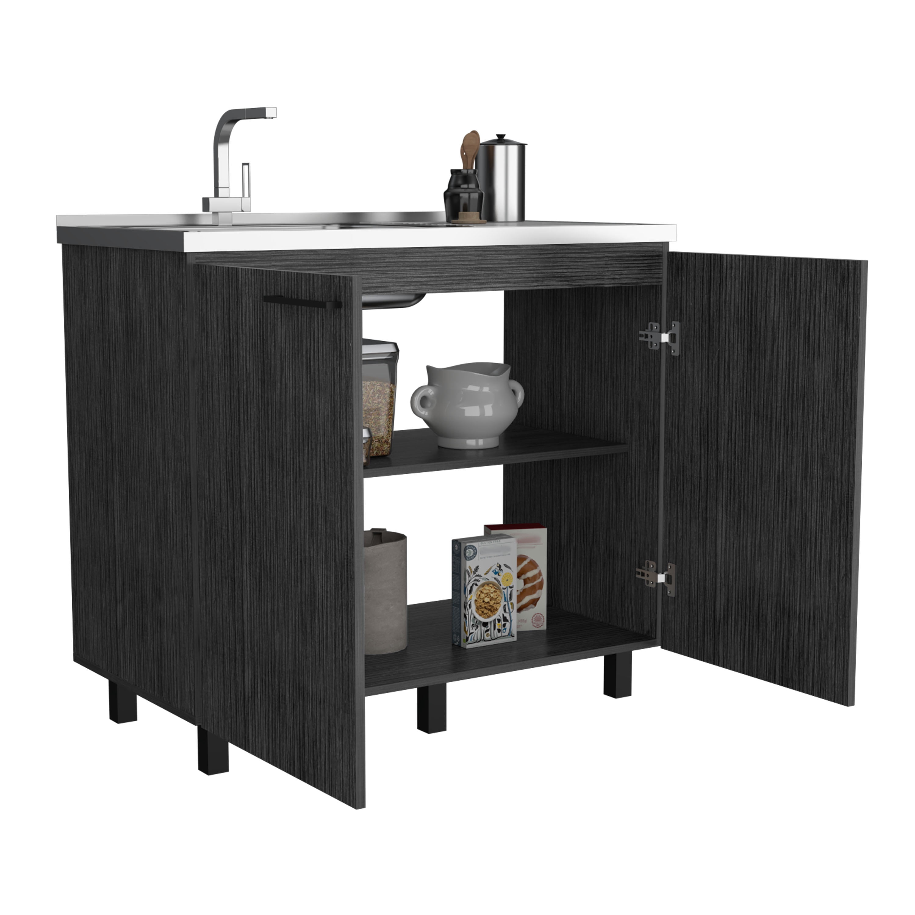Izzovium Napoles 2 Utility Sink with Cabinet, 39.4x20.4x30.8in, Stainless Steel Countertop & Smokey Oak Shelf, Smoke Grey for Kitchen/Laundry