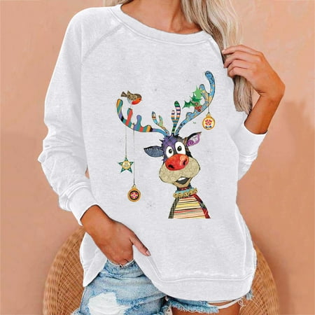 

jsaierl Oversized Sweatshirts for Women Crewneck Long Sleeve Shirts Christmas Deer Print Tops Cute Tunic Tops to Wear with Leggings Blouse Tee Xmas Pullover