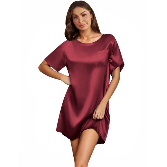 Ekouaer Silk Satin Sleep Shirts for Women Nightshirt Tshirt Night Gowns Short Sleeve Sleepwear Round Neck Shirt Dress With Chest Pocket