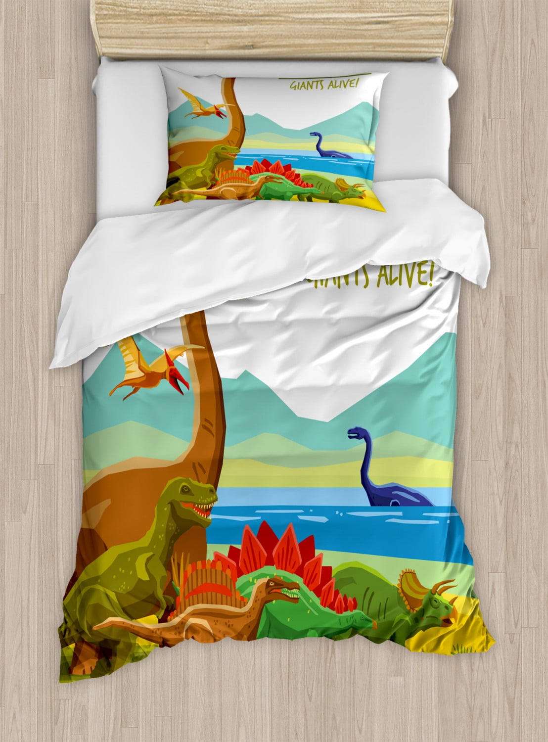 Multicolor Cartoon Dinosaur Images with Other Elements from Jurassic Fauna Cute Creatures 2 Piece Decorative Quilted Bedspread Set with 1 Pillow Sham Lunarable Nursery Coverlet Set Twin Size 