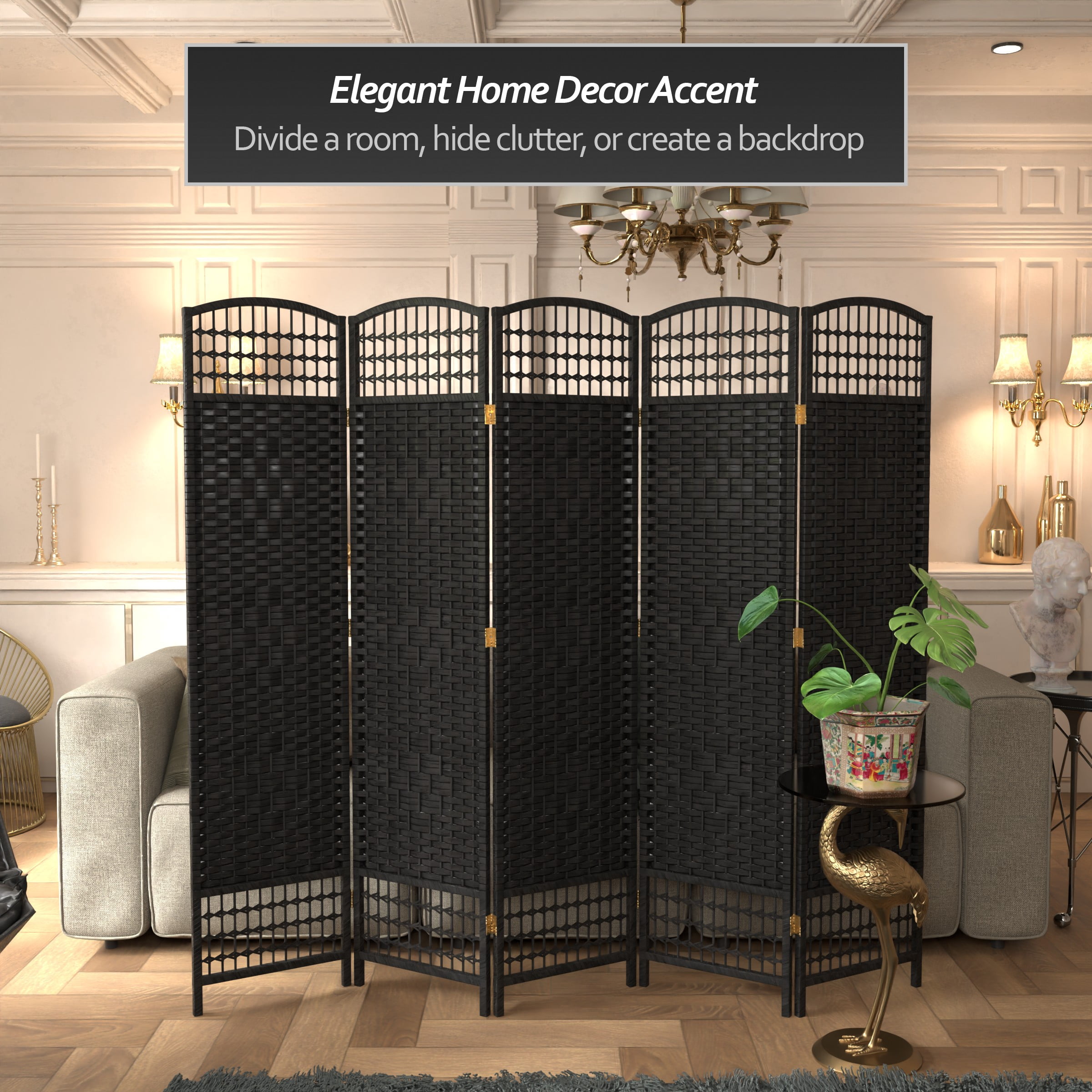 Red Lantern 5 1/2 ft. Tall Fiber Weave Room Divider - Black - 5 Panel