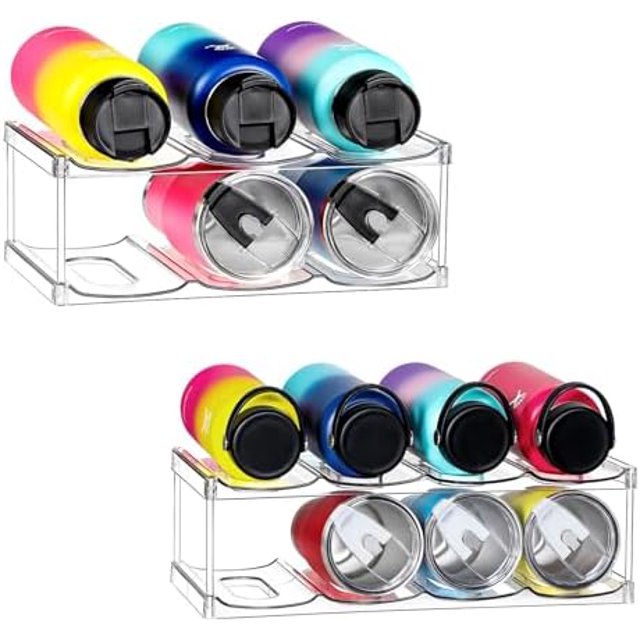 2 Tier Stackable Water Bottle Organizer Holder for Cabinet - for Stanley 40 oz & Others' Large Cup, Tumbler Organization - Clear Wine Rack, Home Kitchen Countertop Fridge Pantry Shelf Storage