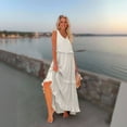 thumbnail image 5 of 2025 Trendy Built in Bra Smocked Dress Women Summer Sleeveless Tank Dress Zipper Up V Neck Loose Flowy Ruffle Tiered Maxi Dress with Pockets Beige XL, 5 of 7