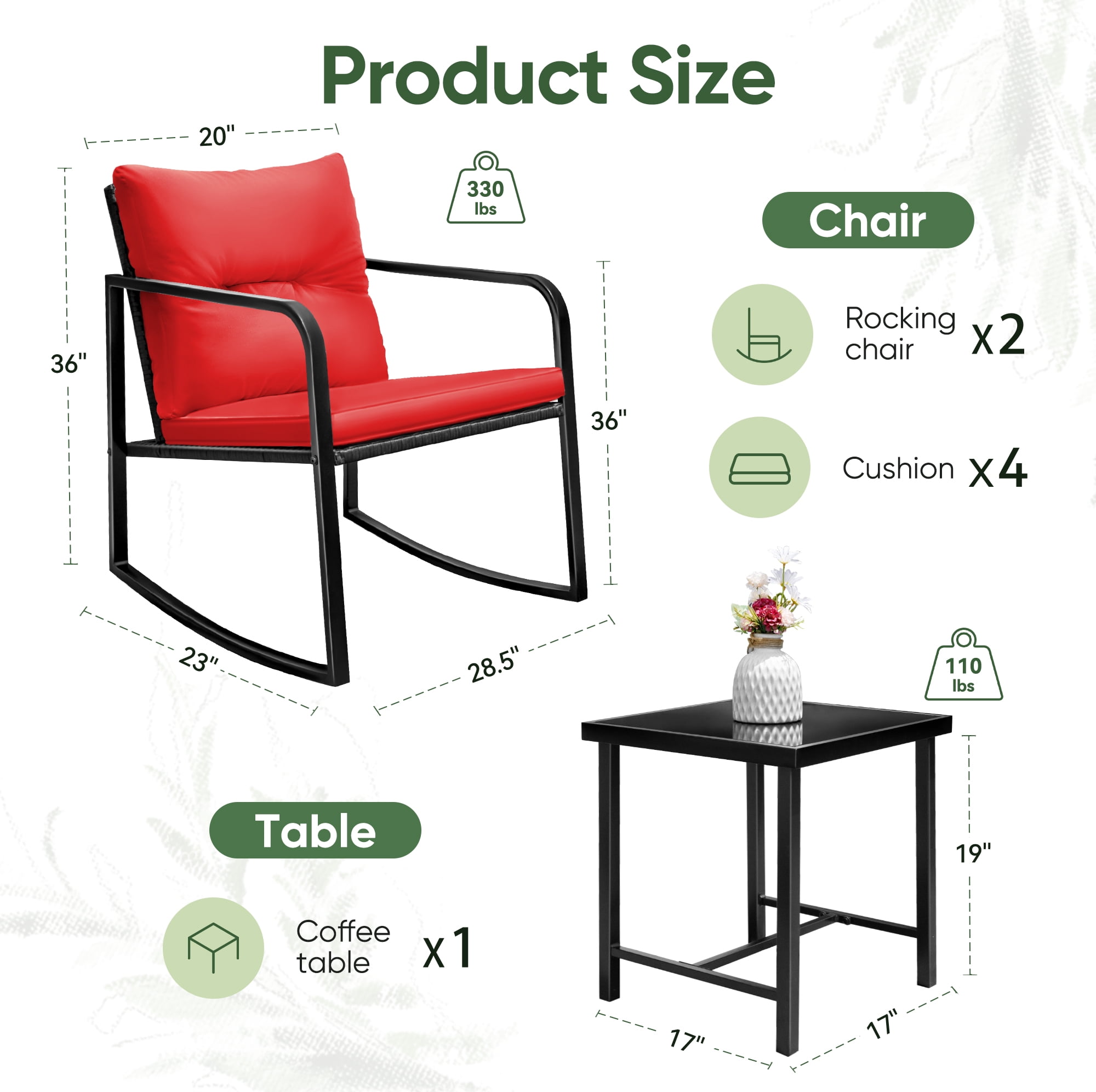 Devoko 3 Pieces Rocking Patio Furniture Sets Outdoor Rocking Chair PE Rattan Bistro Rocker Conversation Sets with Coffee Table for Garden, Red