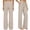 Beige, variant on Drawstring Waist Linen Wide Leg Pants, Women Elastic High Waist Drawstring Tie Front Patch Pocket Loose Straight Wide Leg Soft Breathable Casual Office Daily Summer Long Trousers, Beige L
