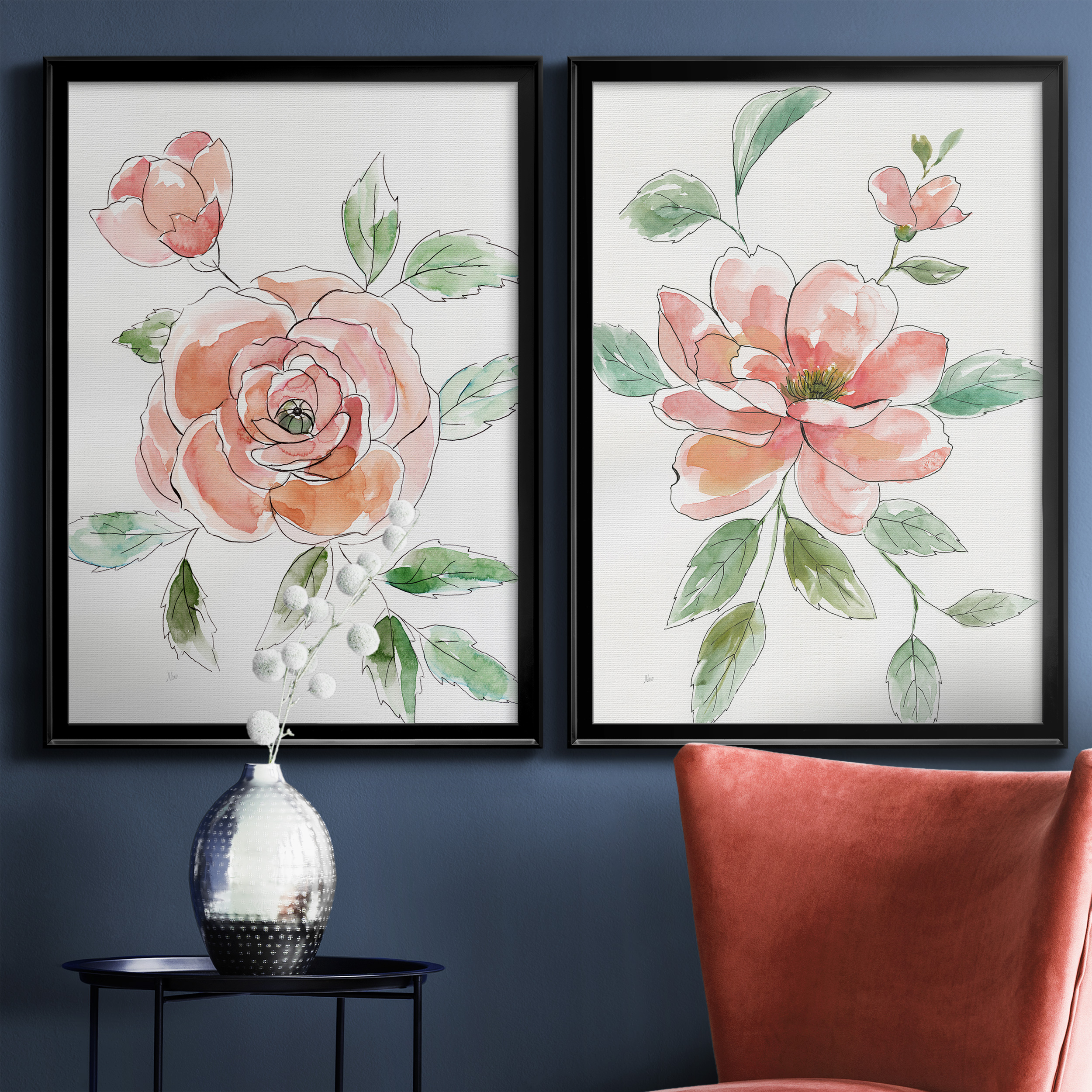 2 Piece Set Rose Contour Premium Framed Canvas - Ready to Hang - 26.5 x 36.5 Each - Black Frame