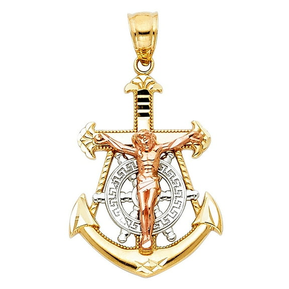 14K Tri Color Gold Jesus Anchor Cross Crucifix Charm Pendant 28mm