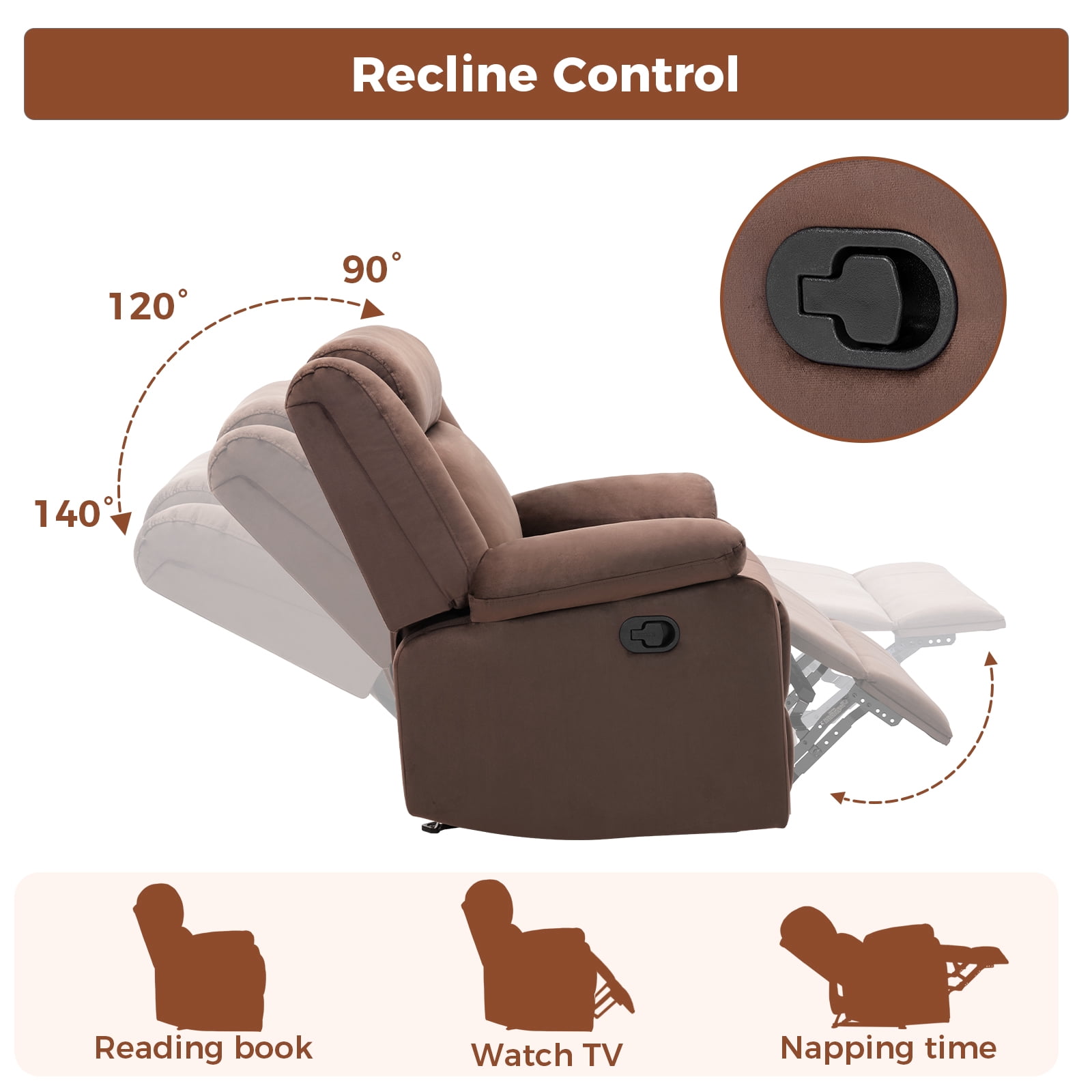Bonzy Home Extra Wide Manual Recliner Chair in Soft Brown Fabric,Overstuffed Recliner, Brown