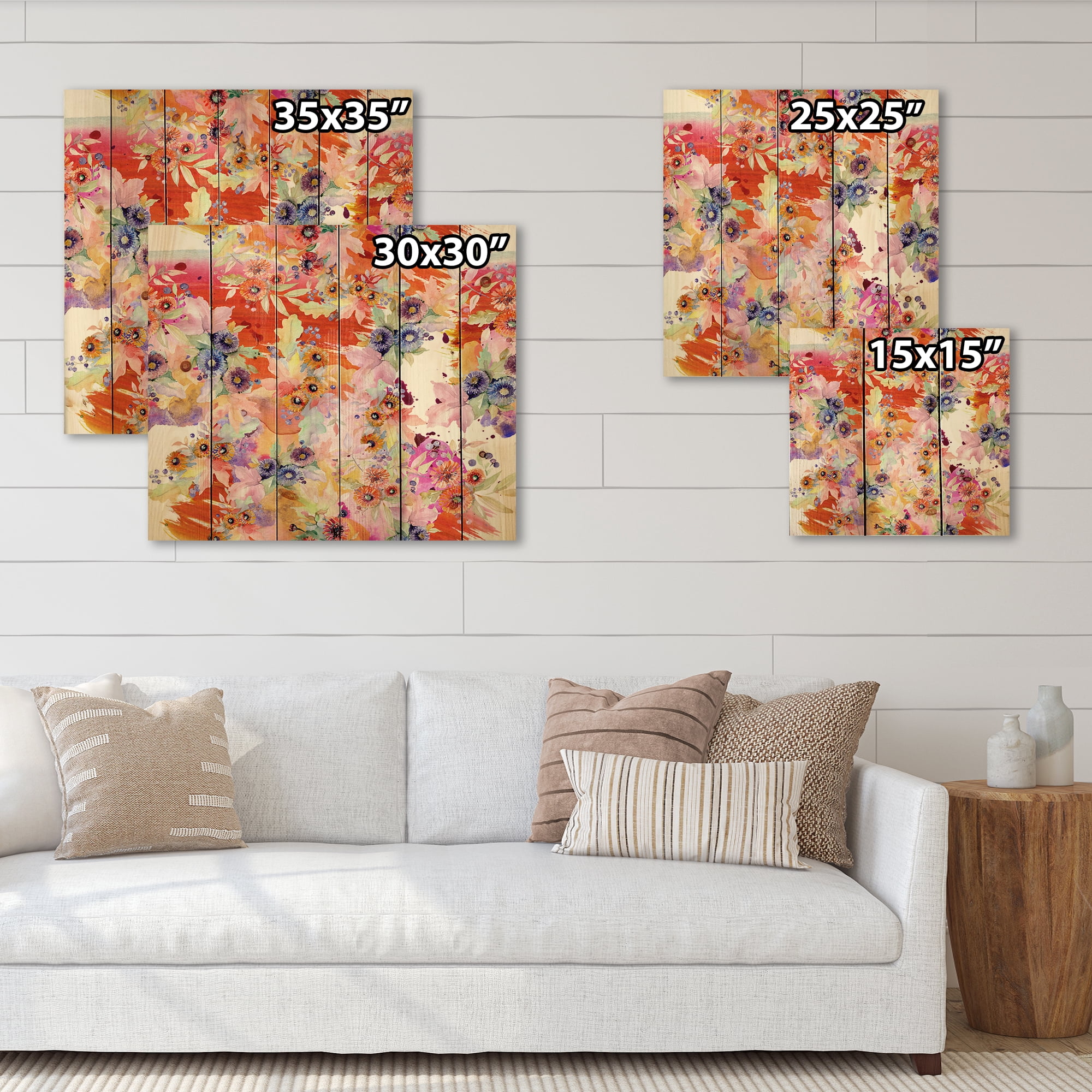 Designart 'Wildflowers and Vibrant Wild Spring Leaves VI' Modern Print on Natural Pine Wood