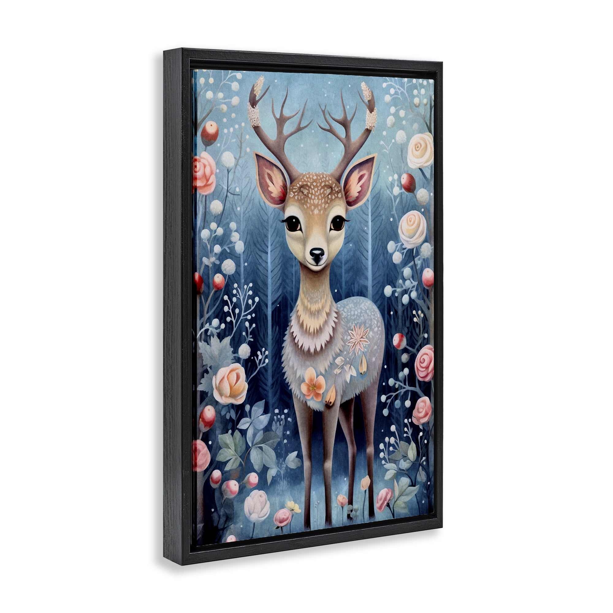 Stupell Industries Woodland Pattern Deer Animals & Insects Painting Black Floater Framed Art Print Wall Art, 21 x 31