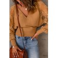thumbnail image 4 of ABPHQTO Suéter marrón con cuello en V y manga de encaje para mujer, 4 of 5