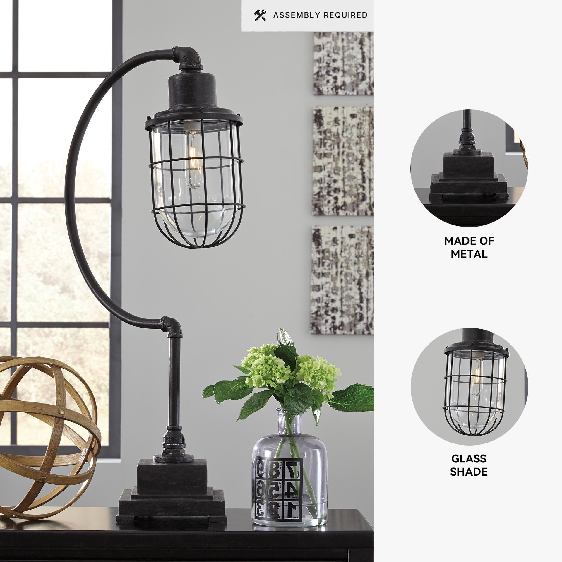 Signature Design by Ashley Jae Metal Desk Lamp, Black, Industrial Cage Desk Lamp with Glass Shade