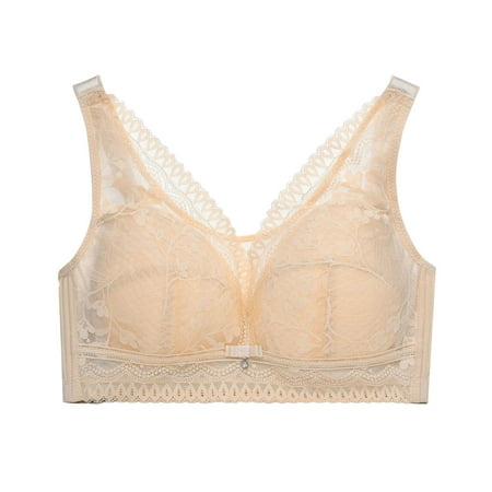 Elvqul Bras for Women Wirefree Comfy Lace Underwire Bralette Breathable Beige Ladies Plus Size Underwear Nylon Bras