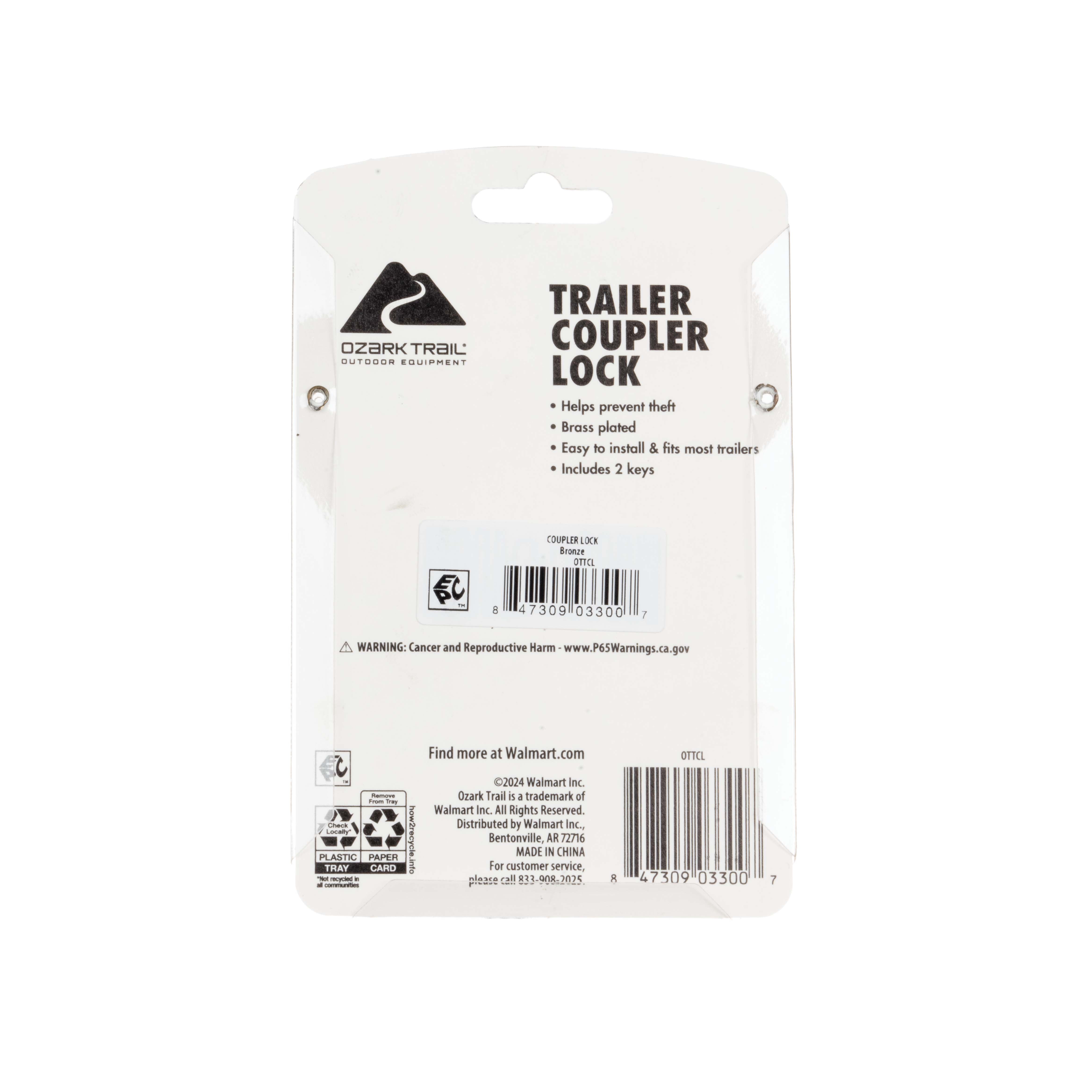 Ozark Trail Heavy-Duty Universal Trailer Coupler Lock with 2 Keys, Weather-Resistant
