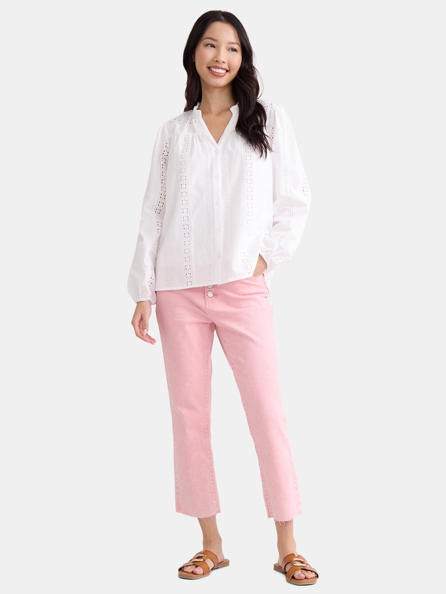 Time and Tru Women's Eyelet Embroidered Peasant Blouse, Sizes XS-XXXL