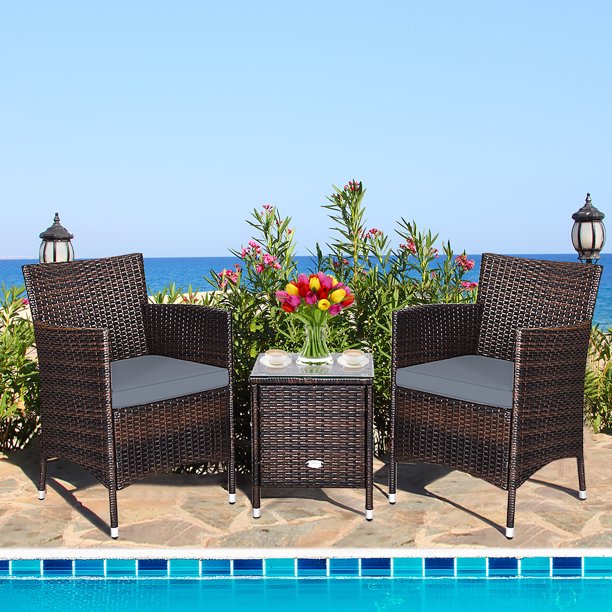 Costway Outdoor 3 PCS PE Rattan Wicker Furniture Sets Chairs Coffee