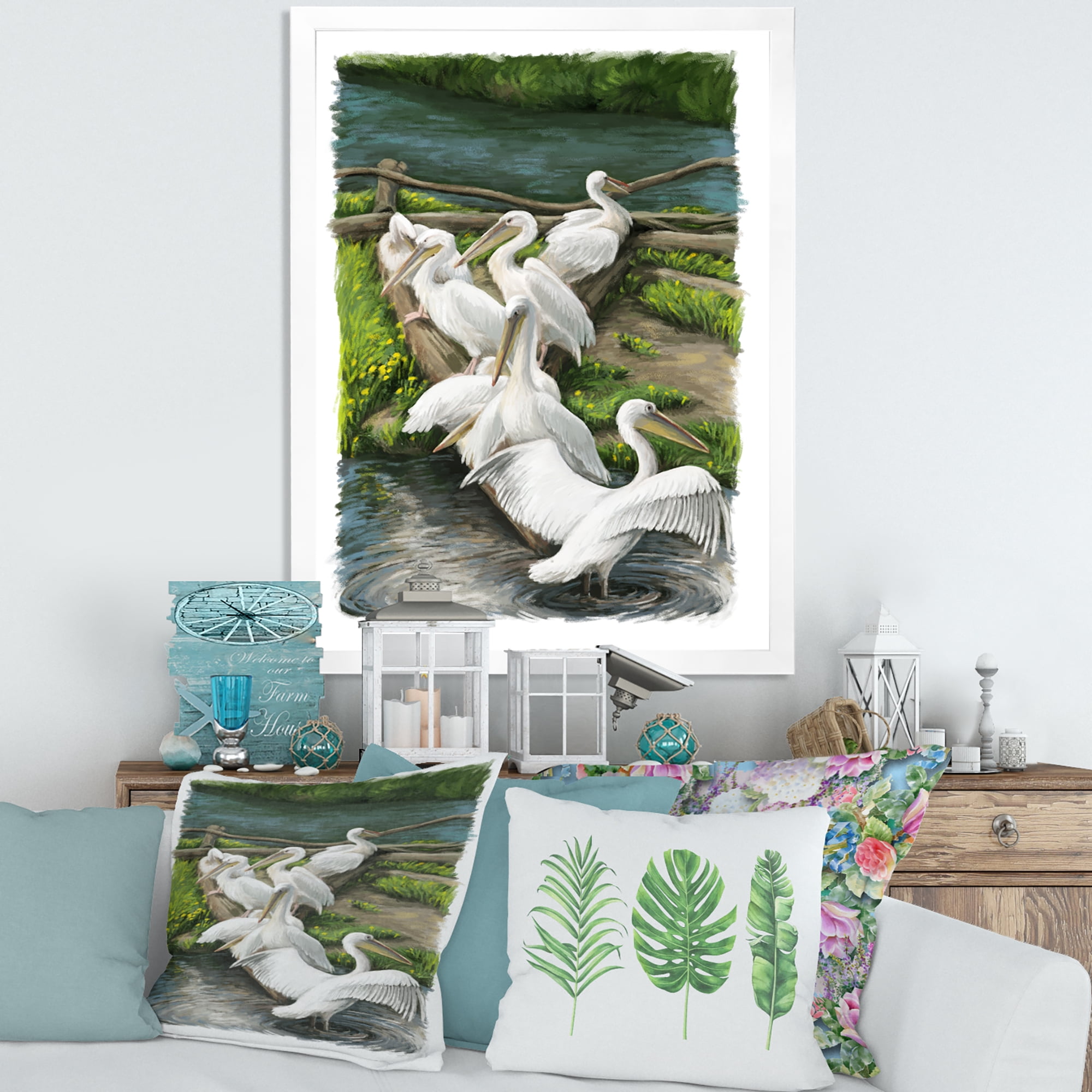 Designart 'Pelicans Resting Near The river Water' Traditional Framed Art Print